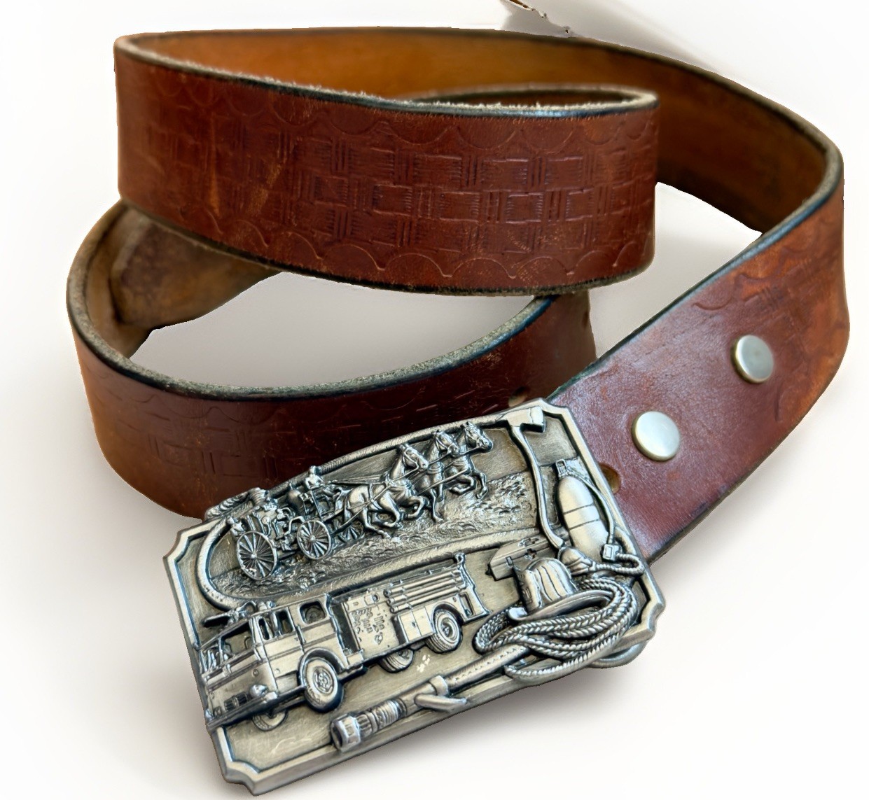 Vintage 1985 Siskiyou Firefighter Belt Buckle FD With Leather Belt Size 38
