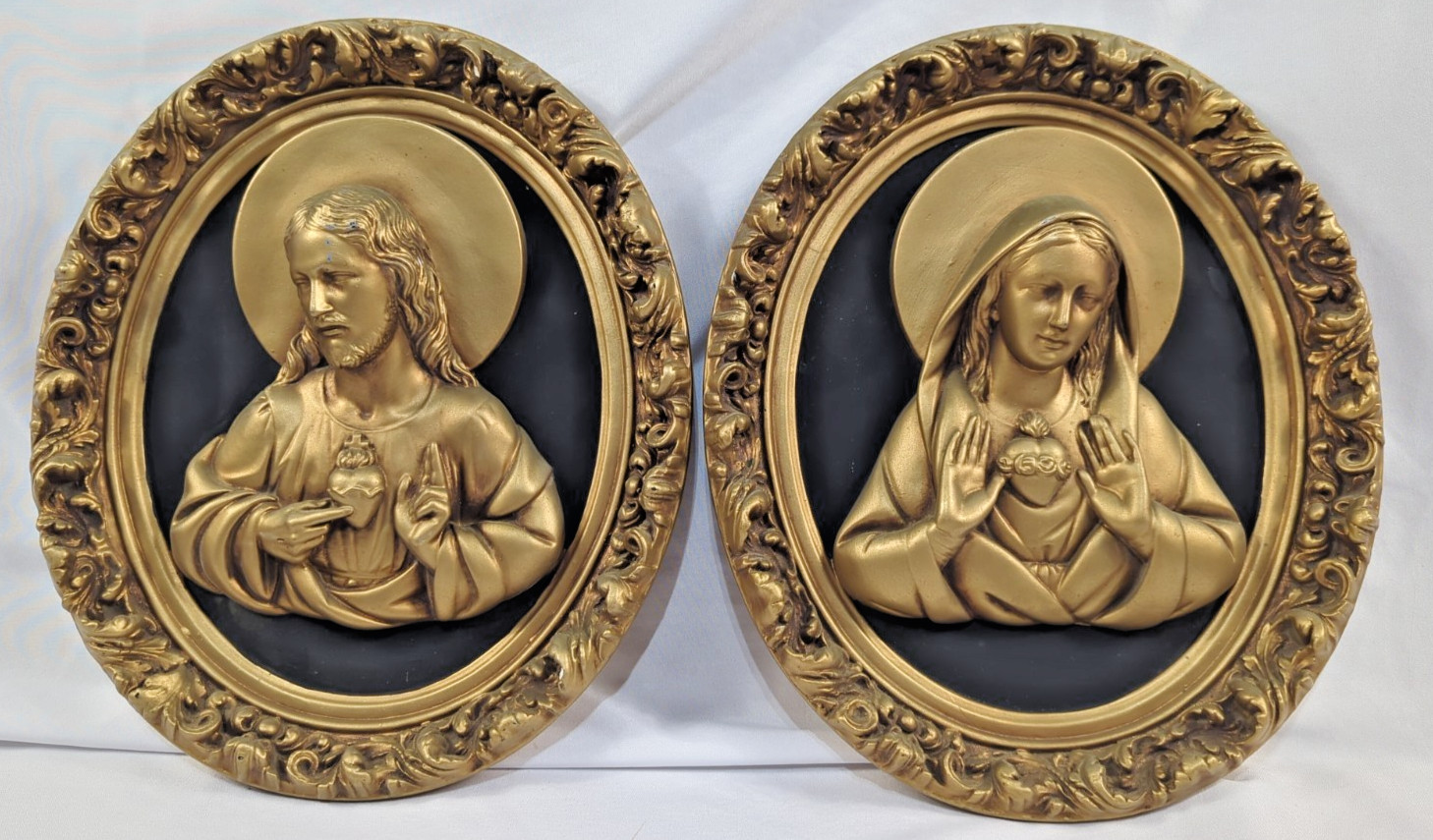 Vintage Mid Century Chalkware Sacred Heart of Jesus & Mary Wall Plaque Pair Gold