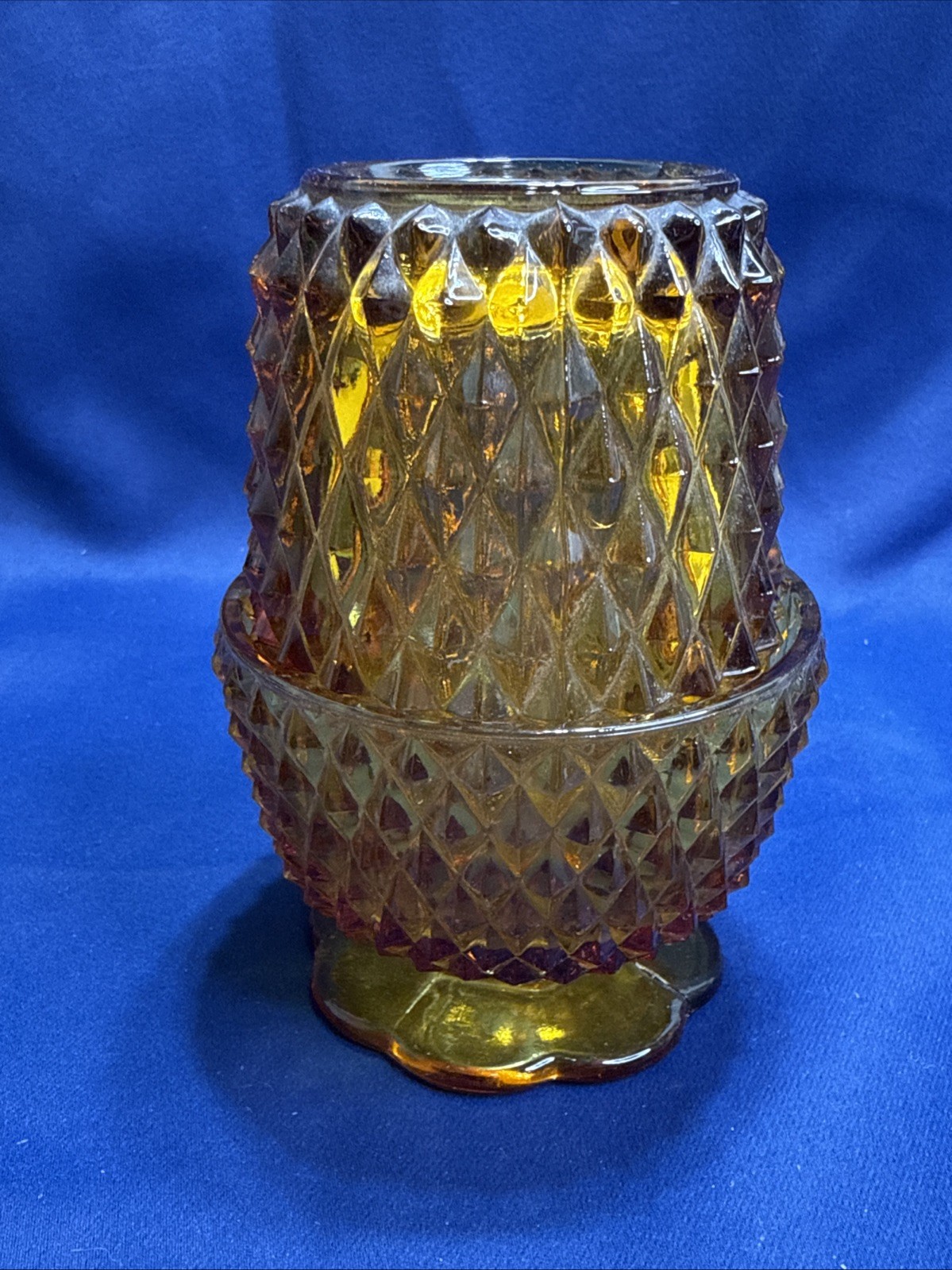 Vintage Indiana Glass Fairy Lamp Amber Diamond Point 2-Piece Candle Holder