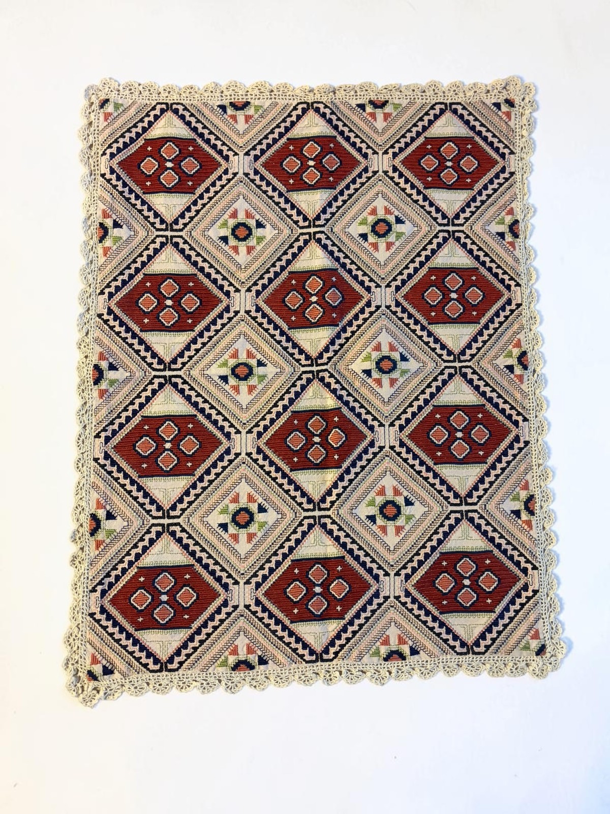 Vintage Greek Balkan Folk Embroidered Table Mat Runner Geometric Crochet Lace 