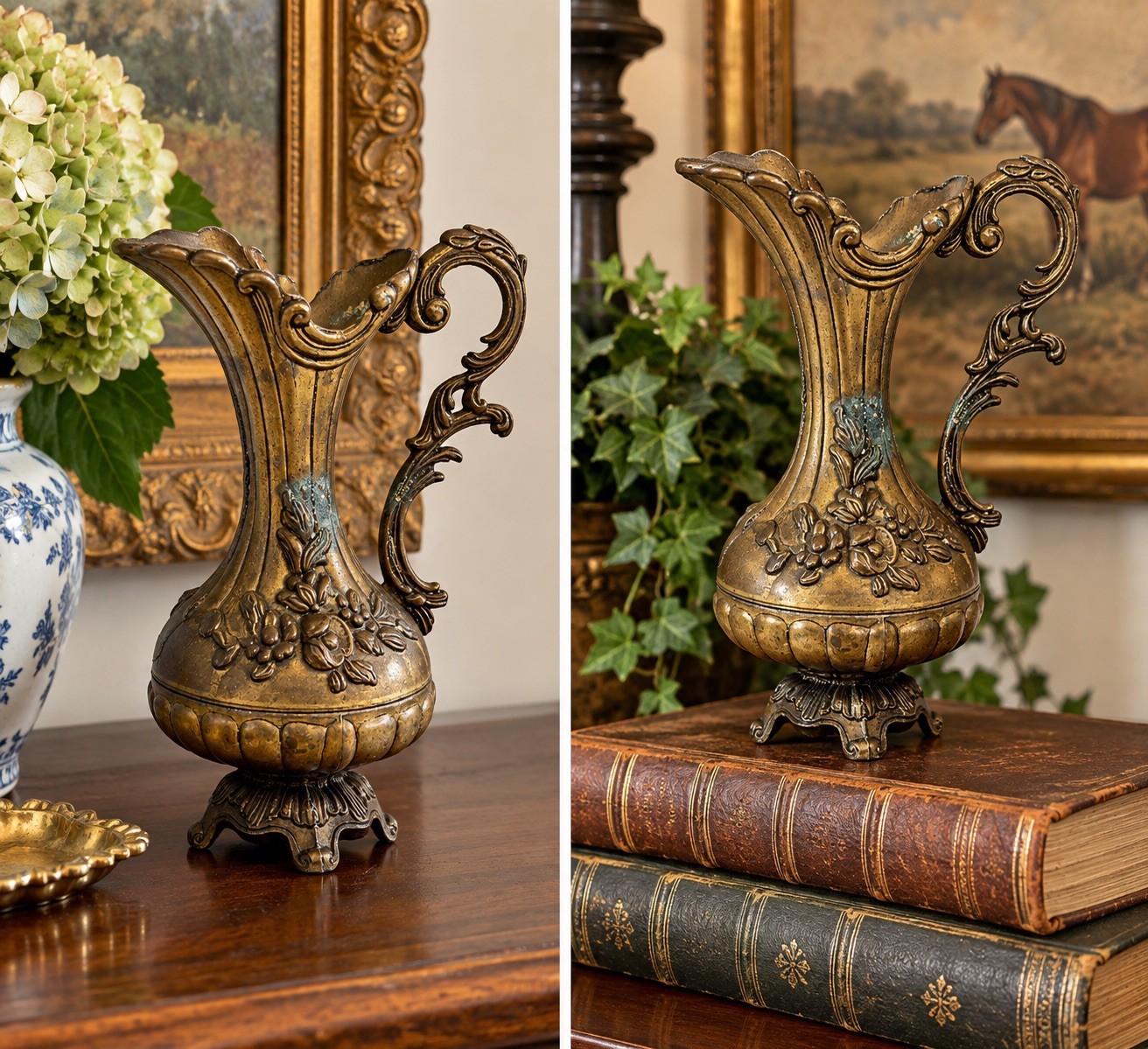 Vtg Italian Brass Ewer Pitcher Vase Ornate Rococo Floral Footed Made in Italy