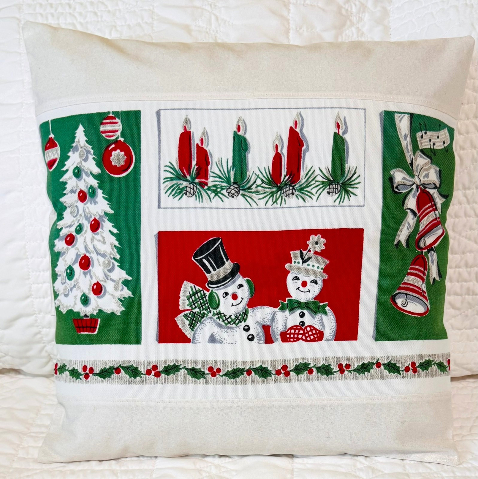 Vintage Christmas Tablecloth Pillow Cover - Holiday Motifs, Shimmery Cotton