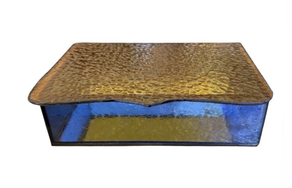 Vintage Glass Handmade Jewelry Box Signed Cobalt Amber Textured Mirror Custom