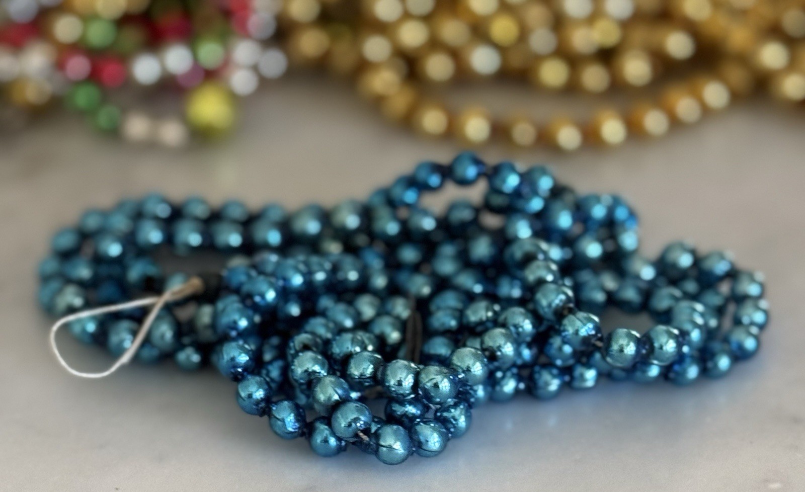 Vintage MCM Christmas Blue Mercury Glass Bead Garland - 6 Feet