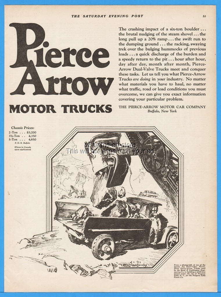 1922 Pierce Arrow Motor Trucks Dump Truck Mine Shovel MacLelland Barclay Art Ad