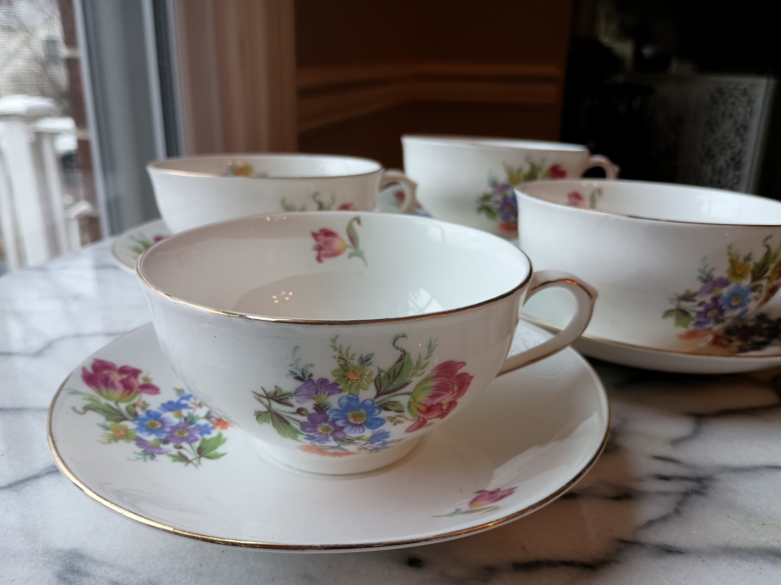 Hand Painted Bone China English Floral Tea Cups & Saucers