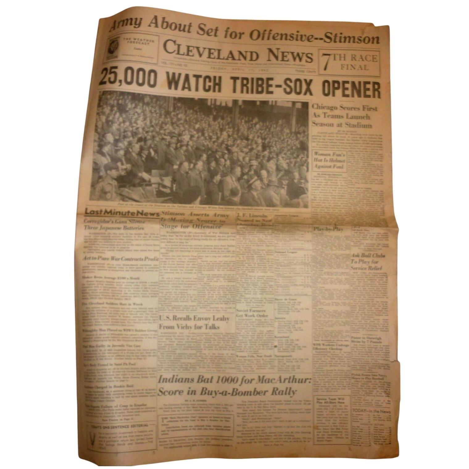 1942 Cleveland News Newspaper MLB Opening Day Indians White Sox WWII Higbee