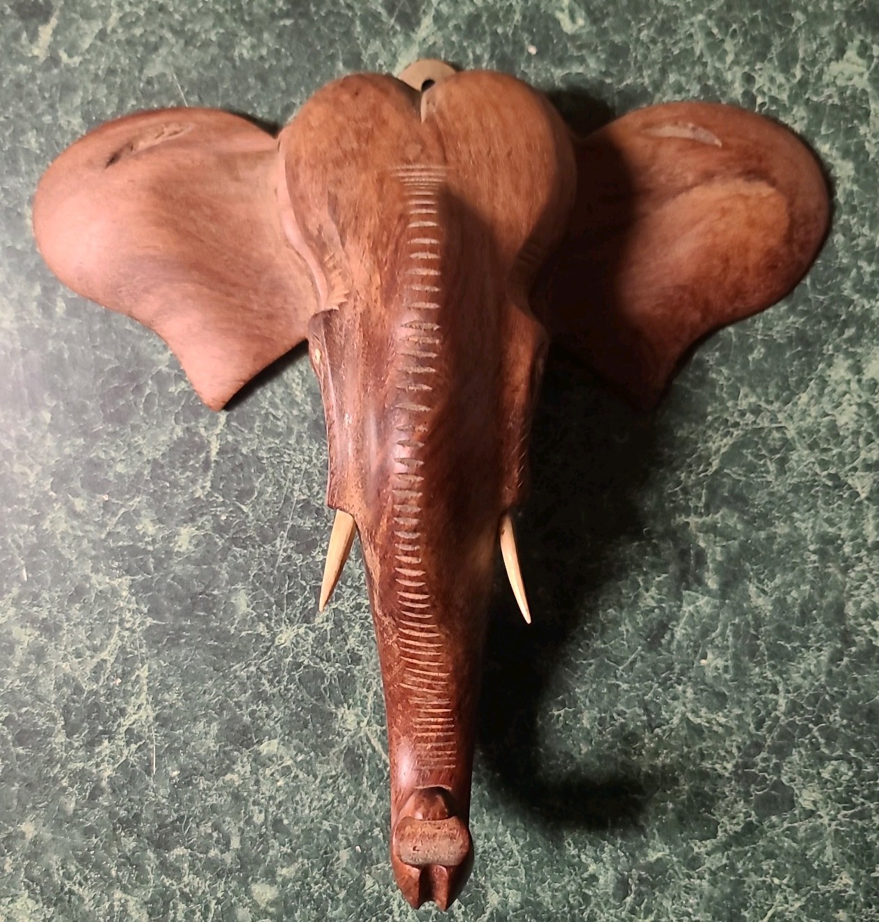 Vintage Hand Carved Wooden Elephant Head Signed