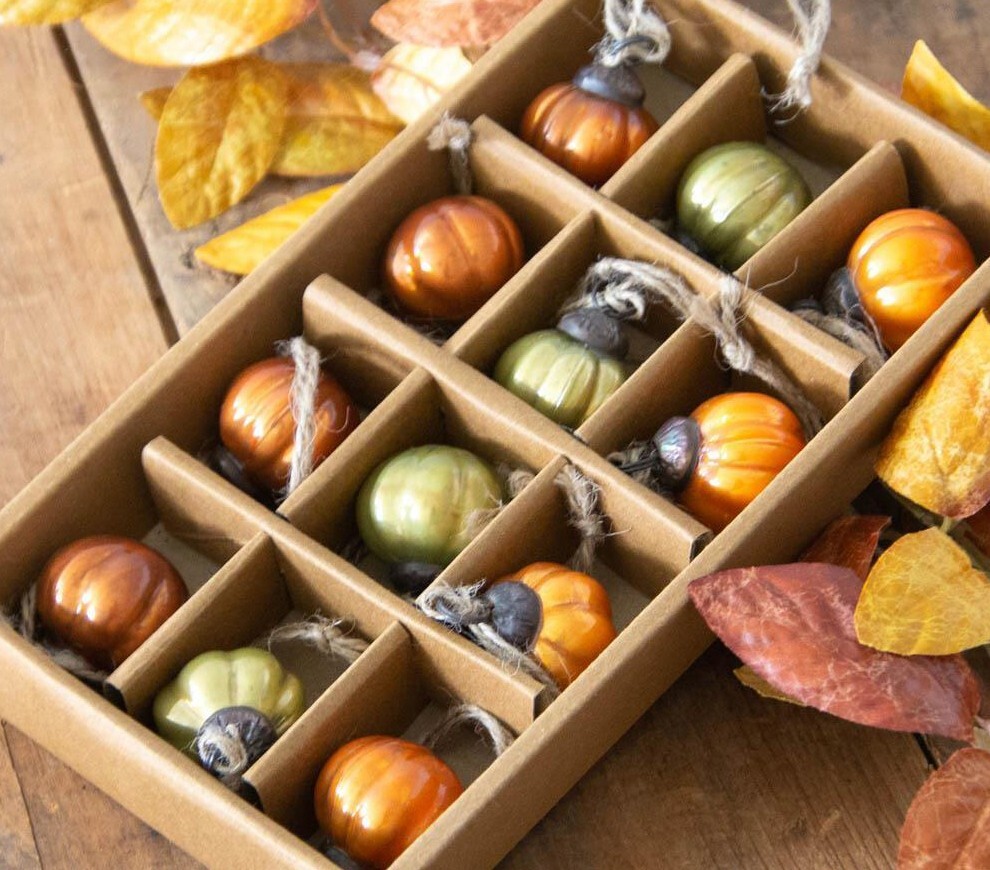 12 pc MERCURY GLASS MINI PUMPKIN ORNAMENTS Fall Harvest - 1