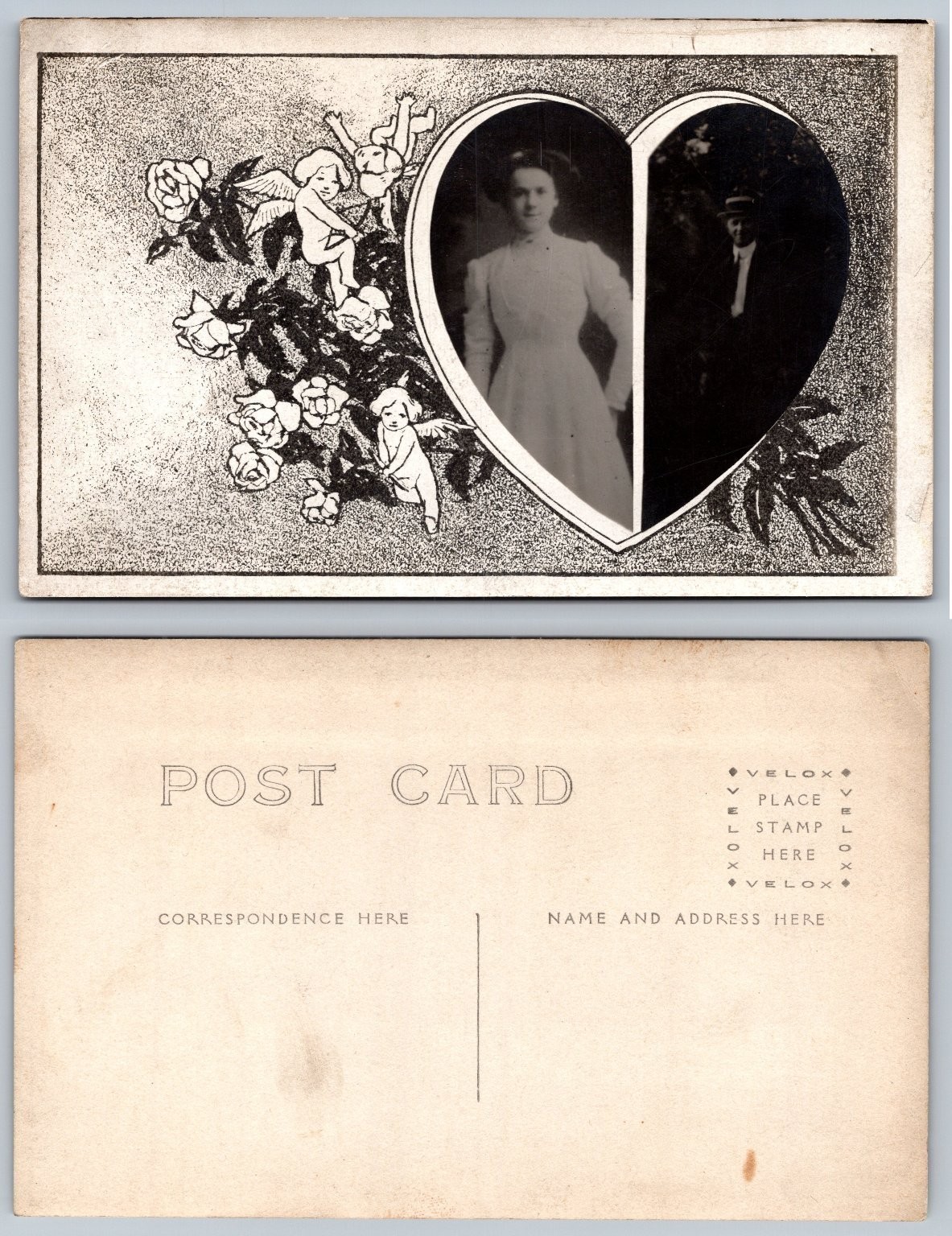 Antique RPPC Postcard Couple Heart Portrait Cherubs Roses Velox 1907-1914