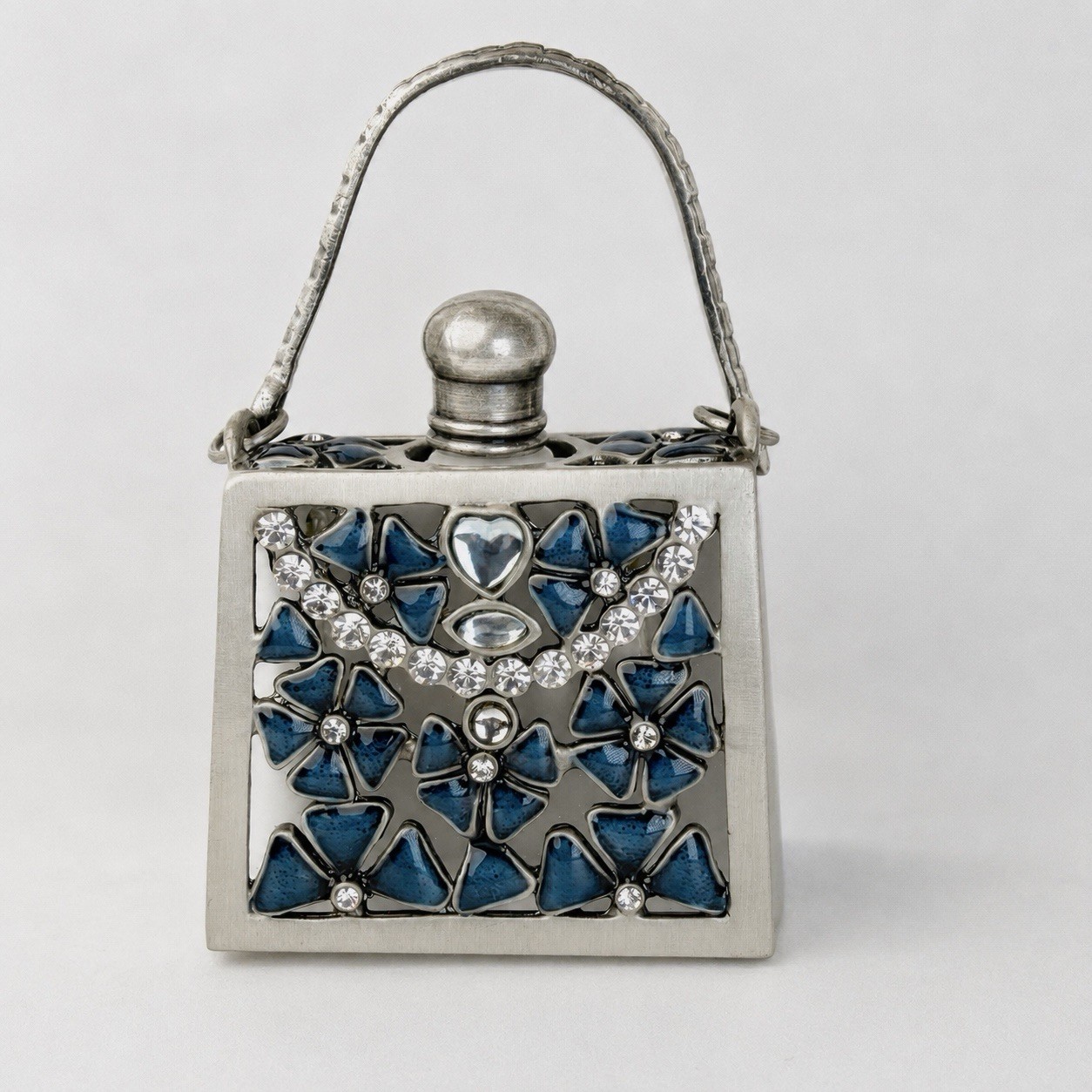 NOS Vintage Purse Perfume Decanter Pewter Blue Floral Rhinestone w Box