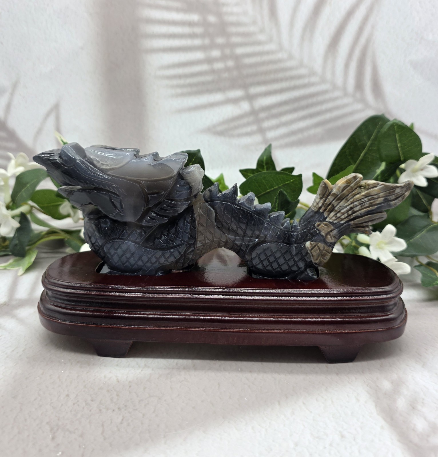 Volcano Agate Hand Carved Dragon on Wood Stand Light UV Reactive Crystal Decor