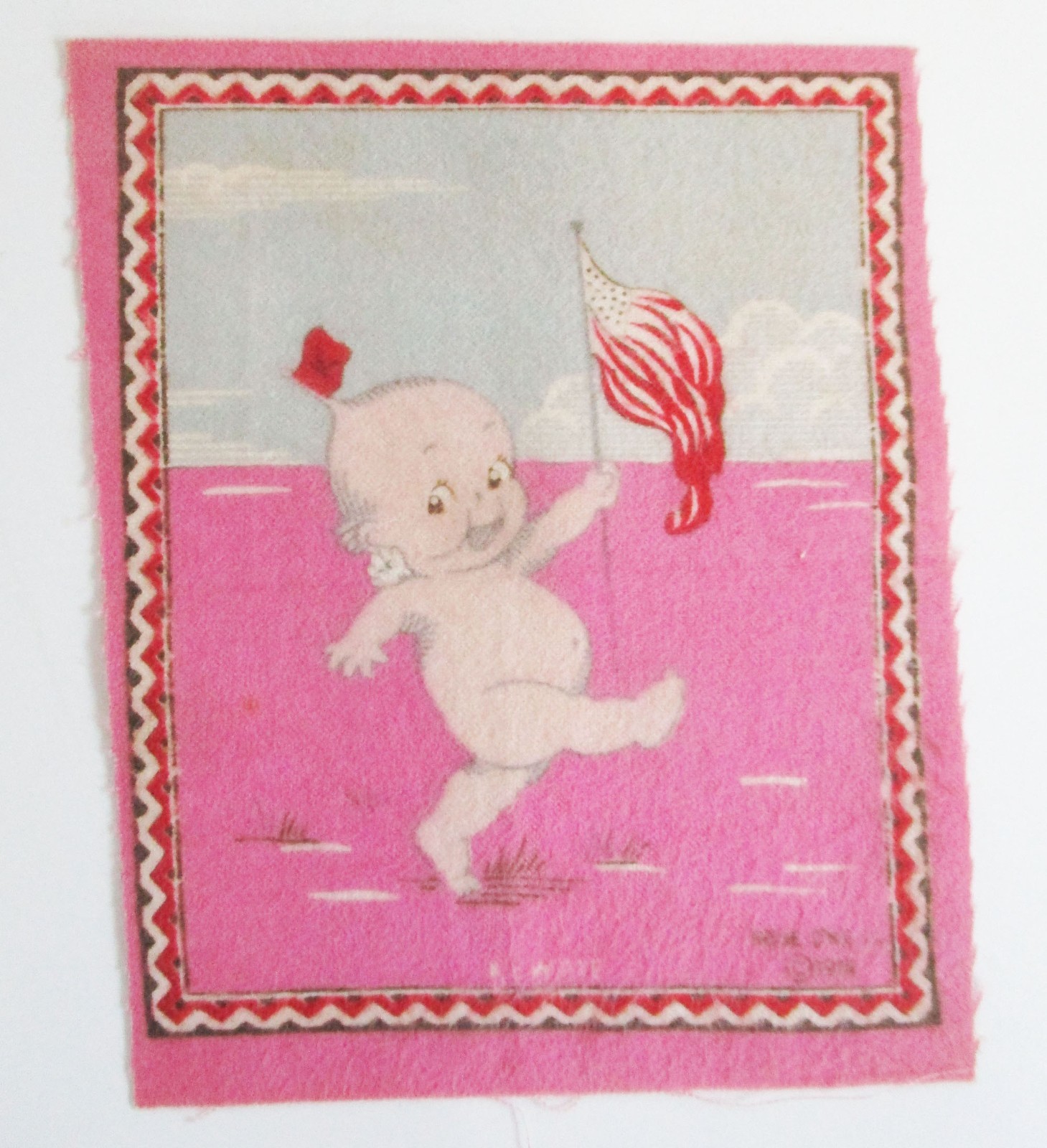 Antique Rose O\'Neill Kewpie Tobacco Flannel Felt Marching with Flag 1914