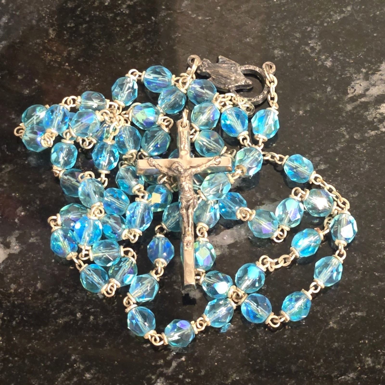 Vintage Catholic Rosary AB Blue Bohemian Glass Fire Polished Crucifix Italian