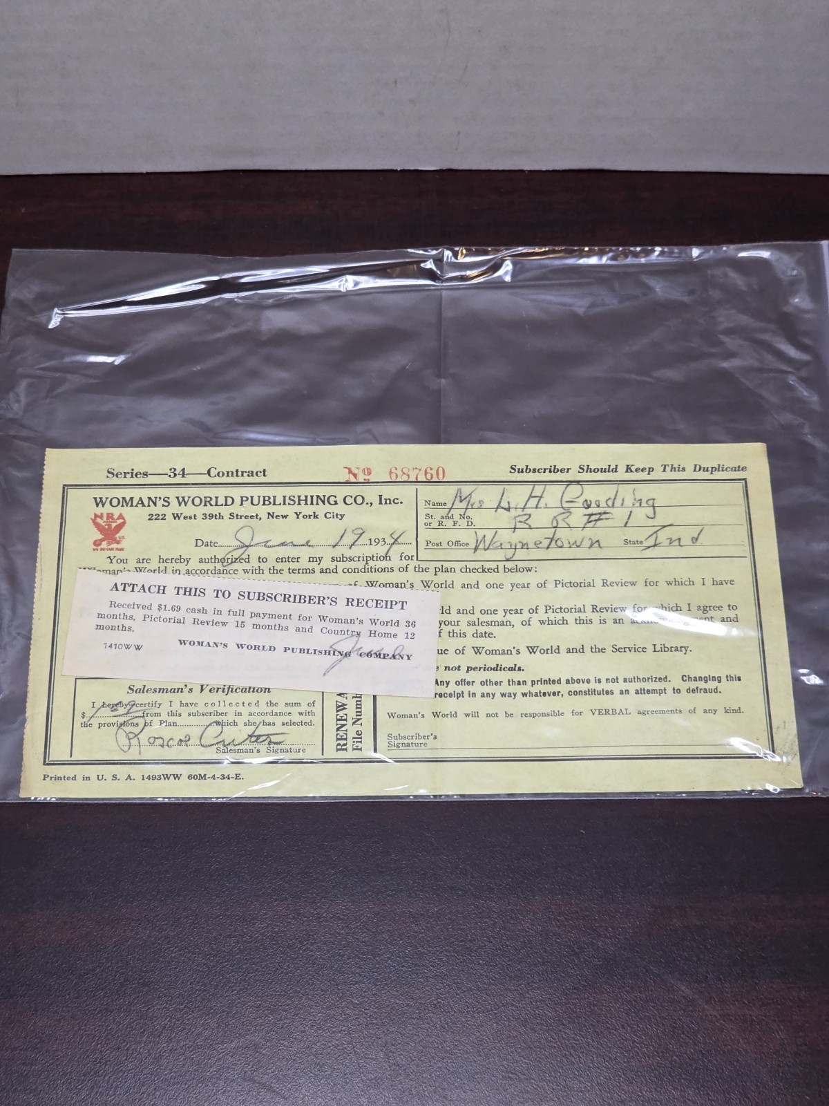 1934 Woman\'s World Publishing Subscription Contract Waynetown Indiana Ephemera