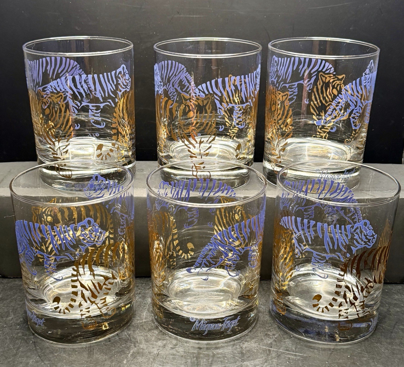 Set of 6 Mignon Faget Purple Gold Tiger Double Old Fashioned Glasses LSU