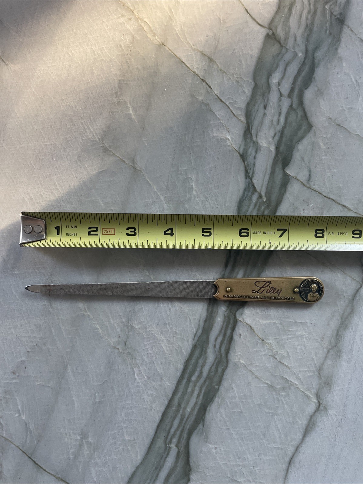Vintage Brass Lilly Pharmaceutical Advertising Nail File Florence Nightingale 8”