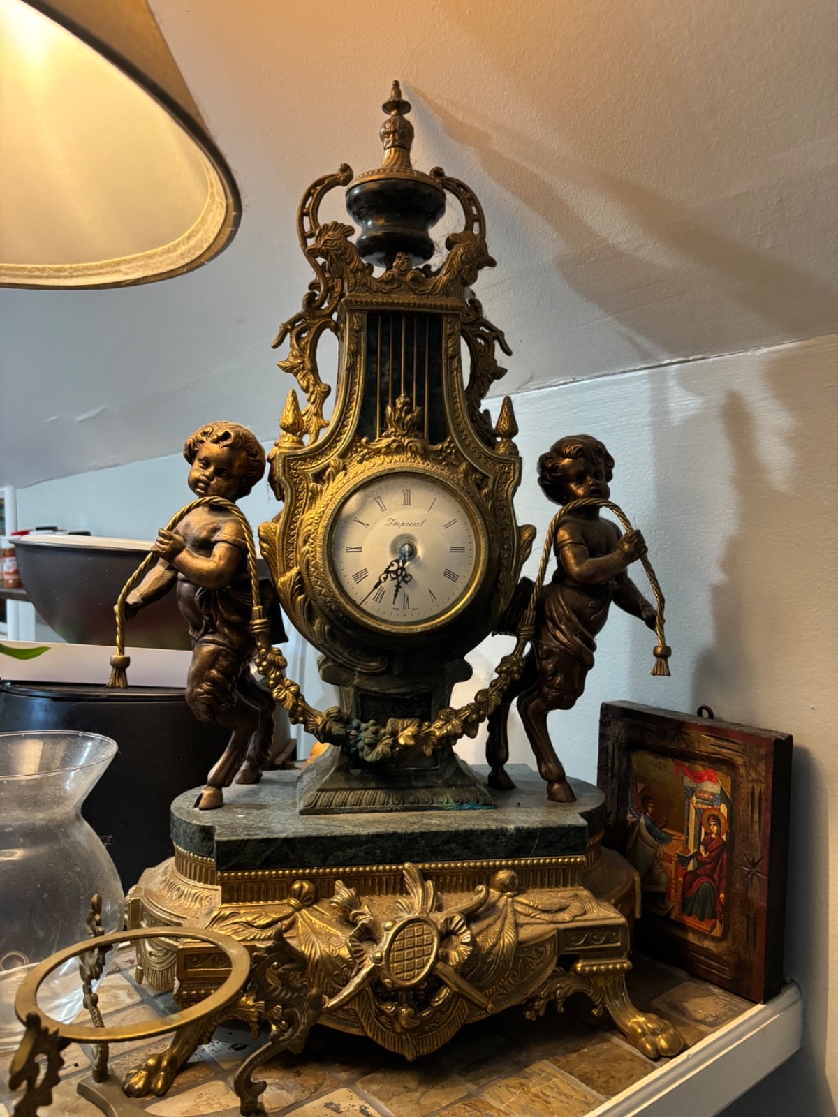 VINTAGE ITALIAN IMPERIAL  3 PIECE BRASS & MARBLE CLOCK & CANDELABRAS