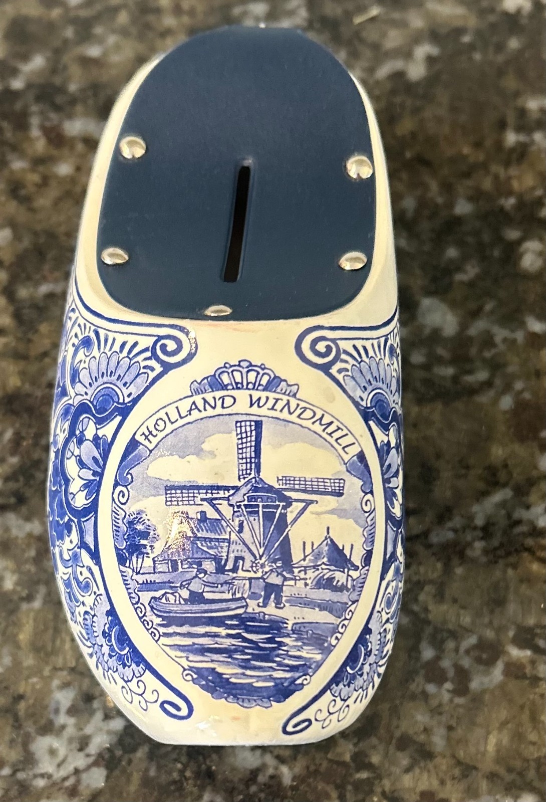 Vintage Delft Blue Style Wooden Clog Coin Bank Holland Windmill Folk Art with Ke