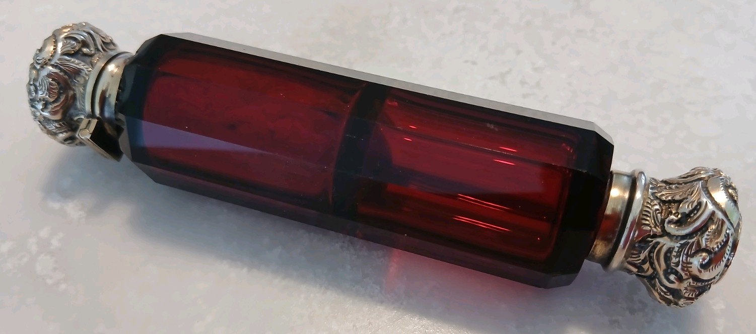 Antique Victorian 10 sided Ruby Red Glass Perfume Bottle / Flask double ended