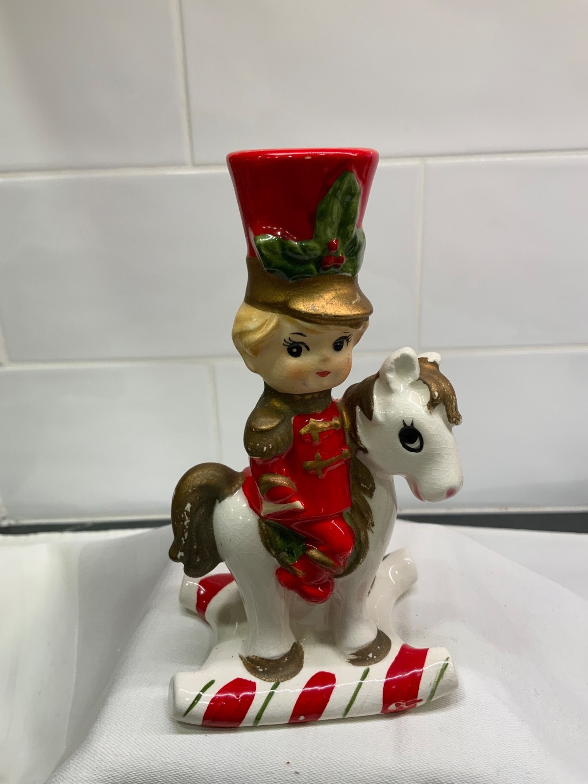 Vintage Boy Soldier on Hobby Horse Red Suit with Gold trim Candle Holder