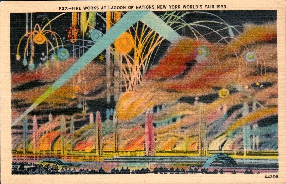 New York World\'s Fair 1939 - Fireworks Lagoon of Nations - Linen Postcard
