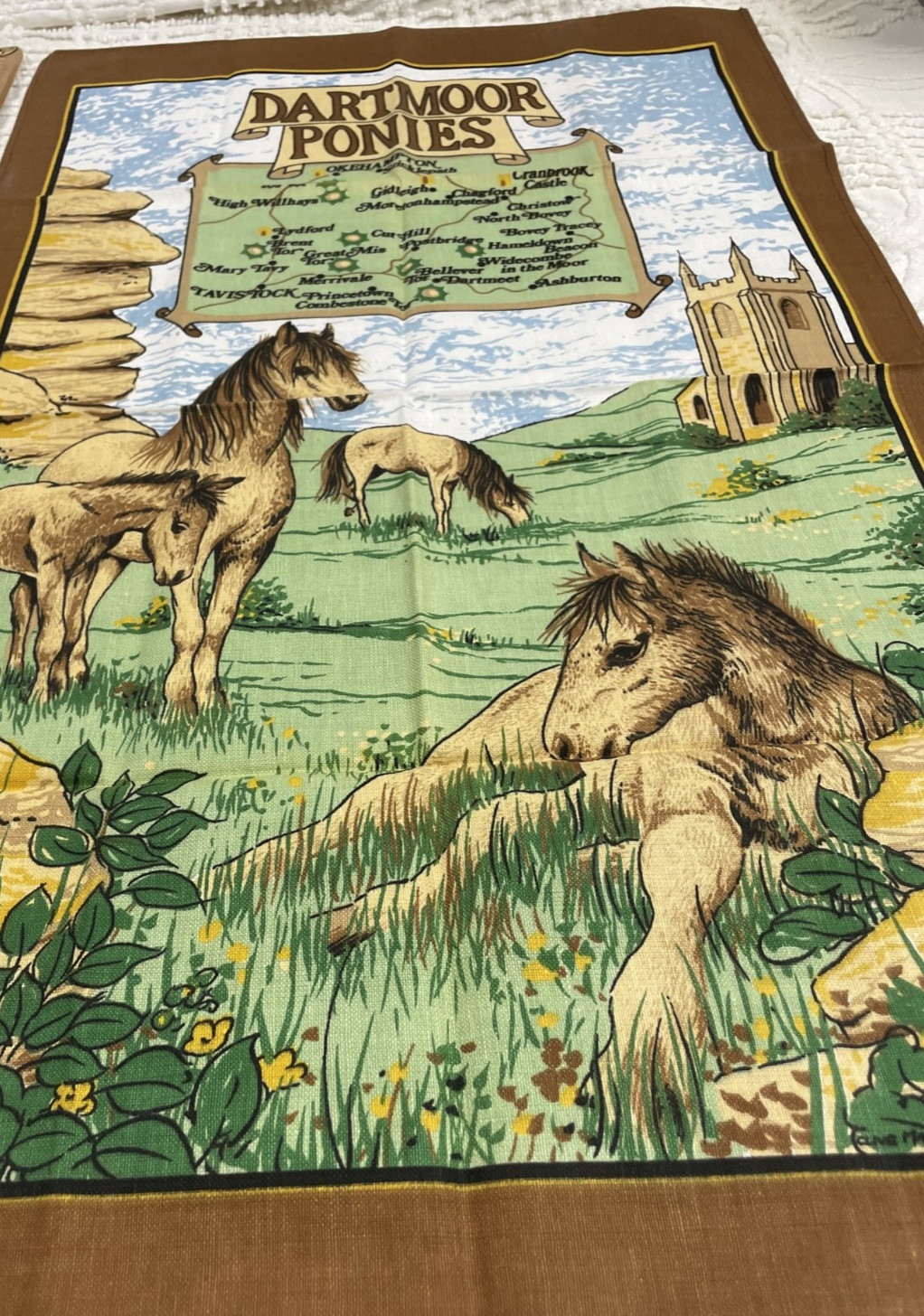 Vintage NOS “Dartmoor Ponies” Souvenir Cotton Kitchen Tea Towel - England