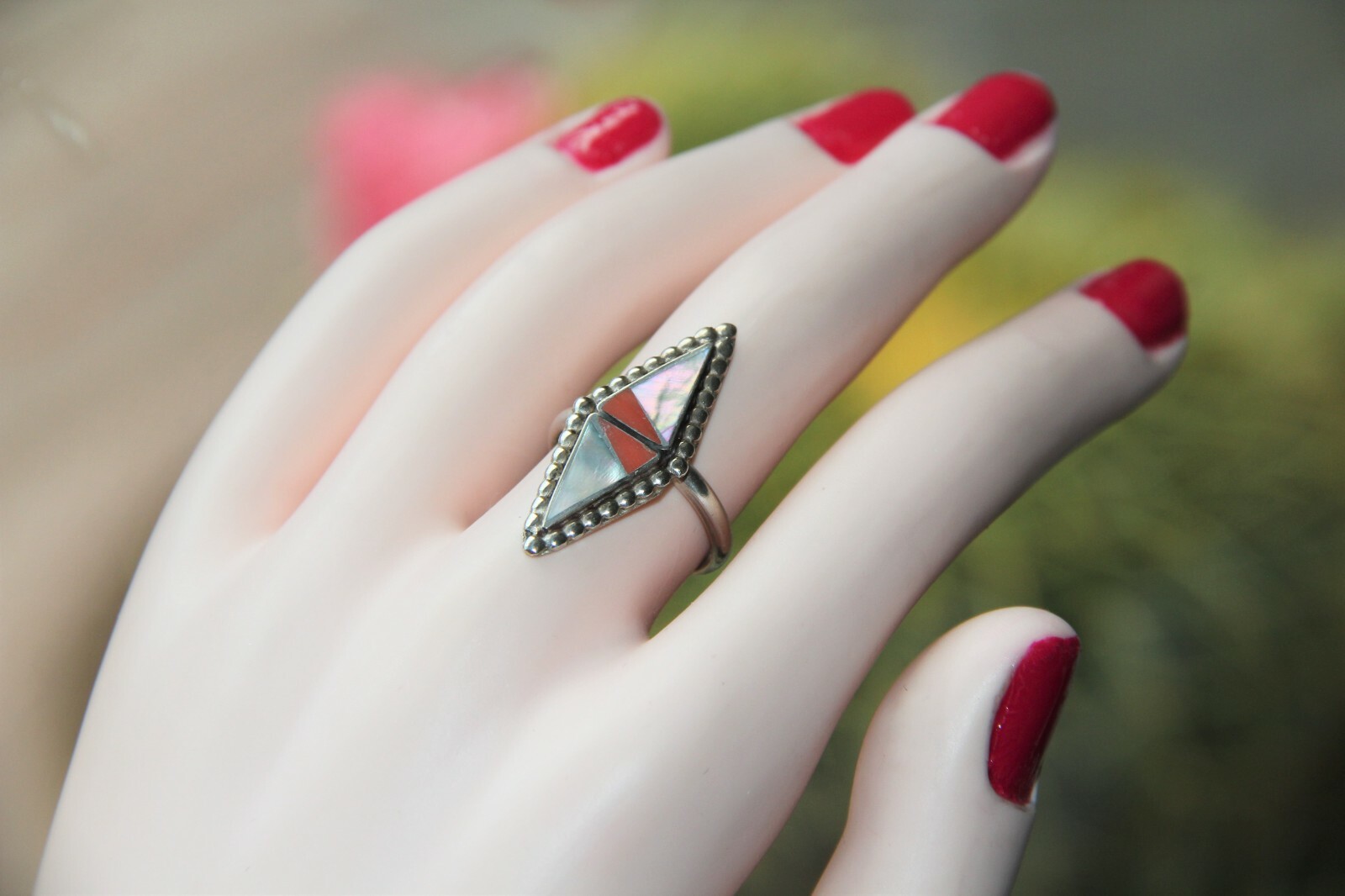 Vintage Zuni Sterling Silver Gemstone Inlay Ring