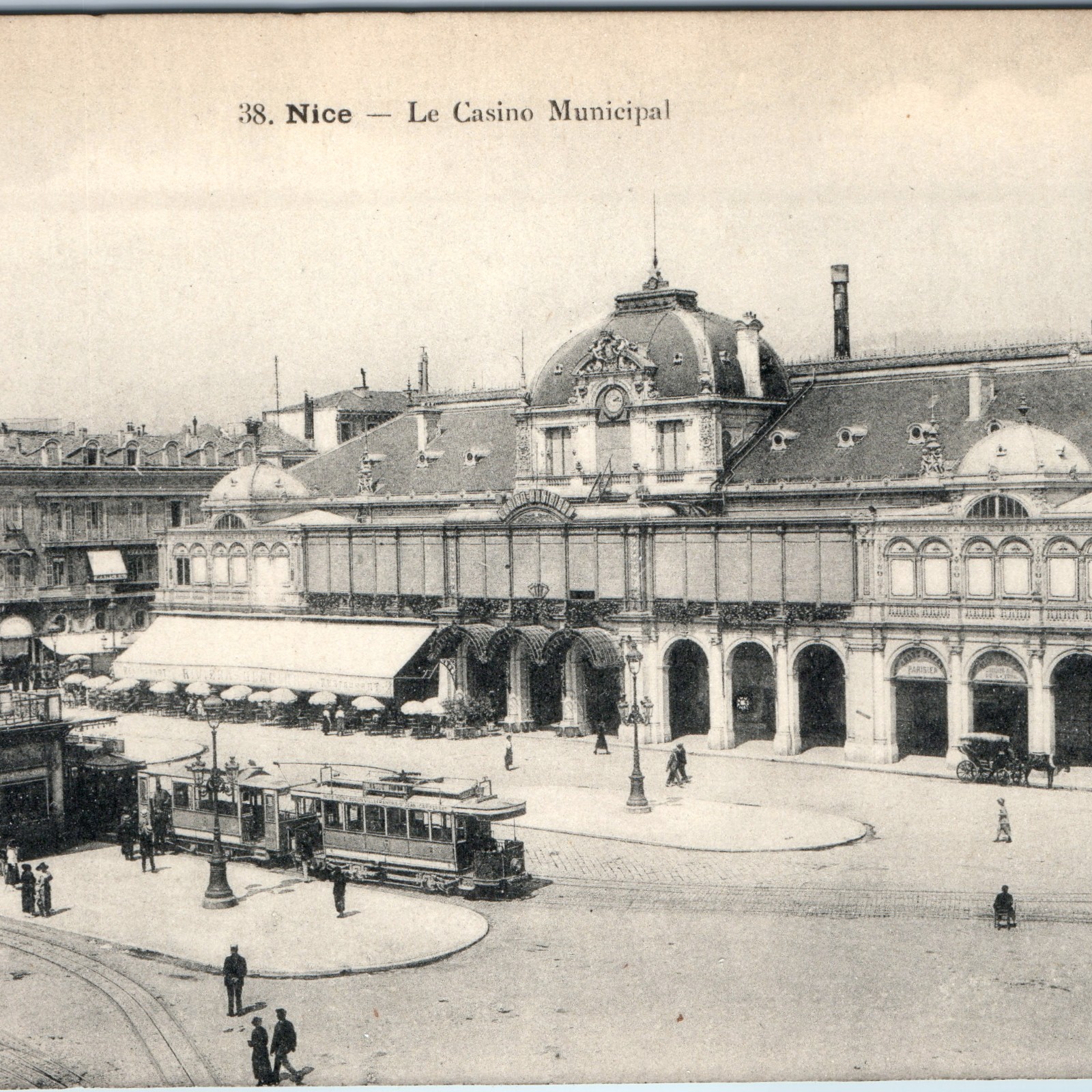 c1910s Nice France Casino Municipal Place Massena Street Tram Postcard Giletta