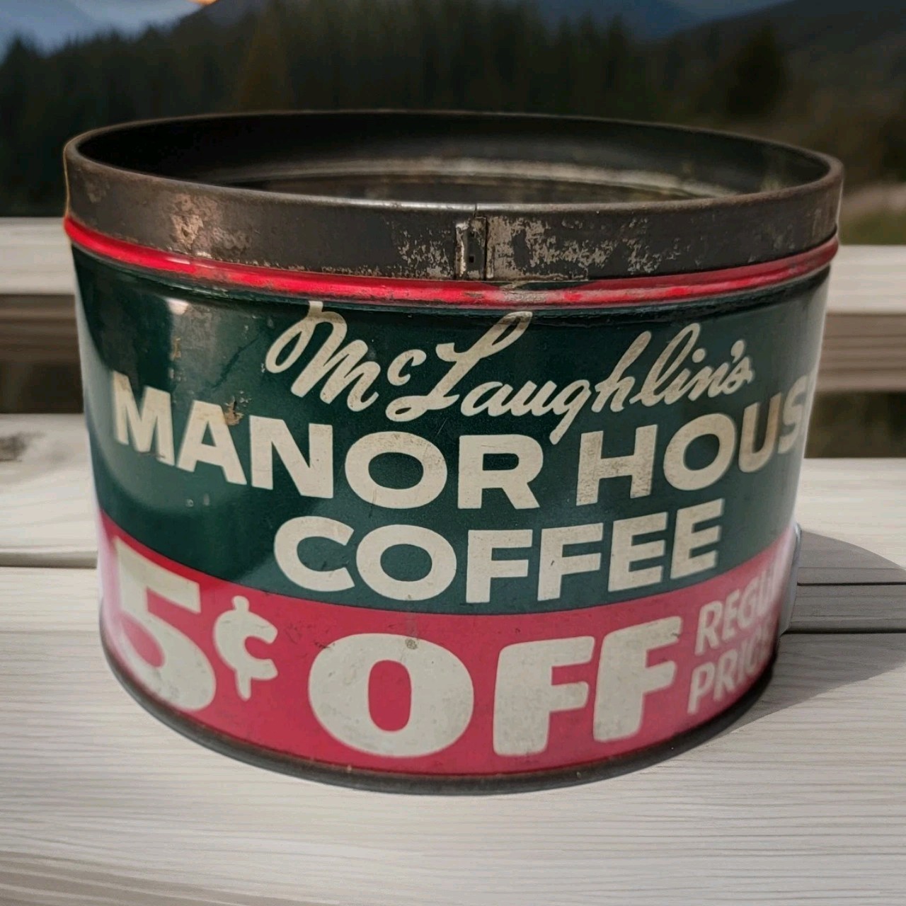 FF McLaughlin's MANOR HOUSE Coffee Can Vintage 1 lb.  Key-open Tin 5 Cents Off