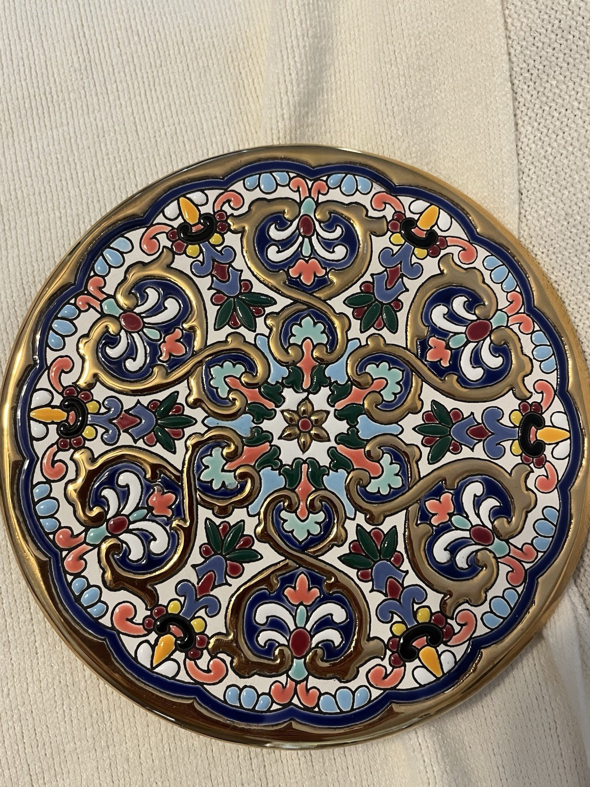 Sevillarte Hand Painted Spanish Ceramic Collector Plate 24K Gold Trim Floral