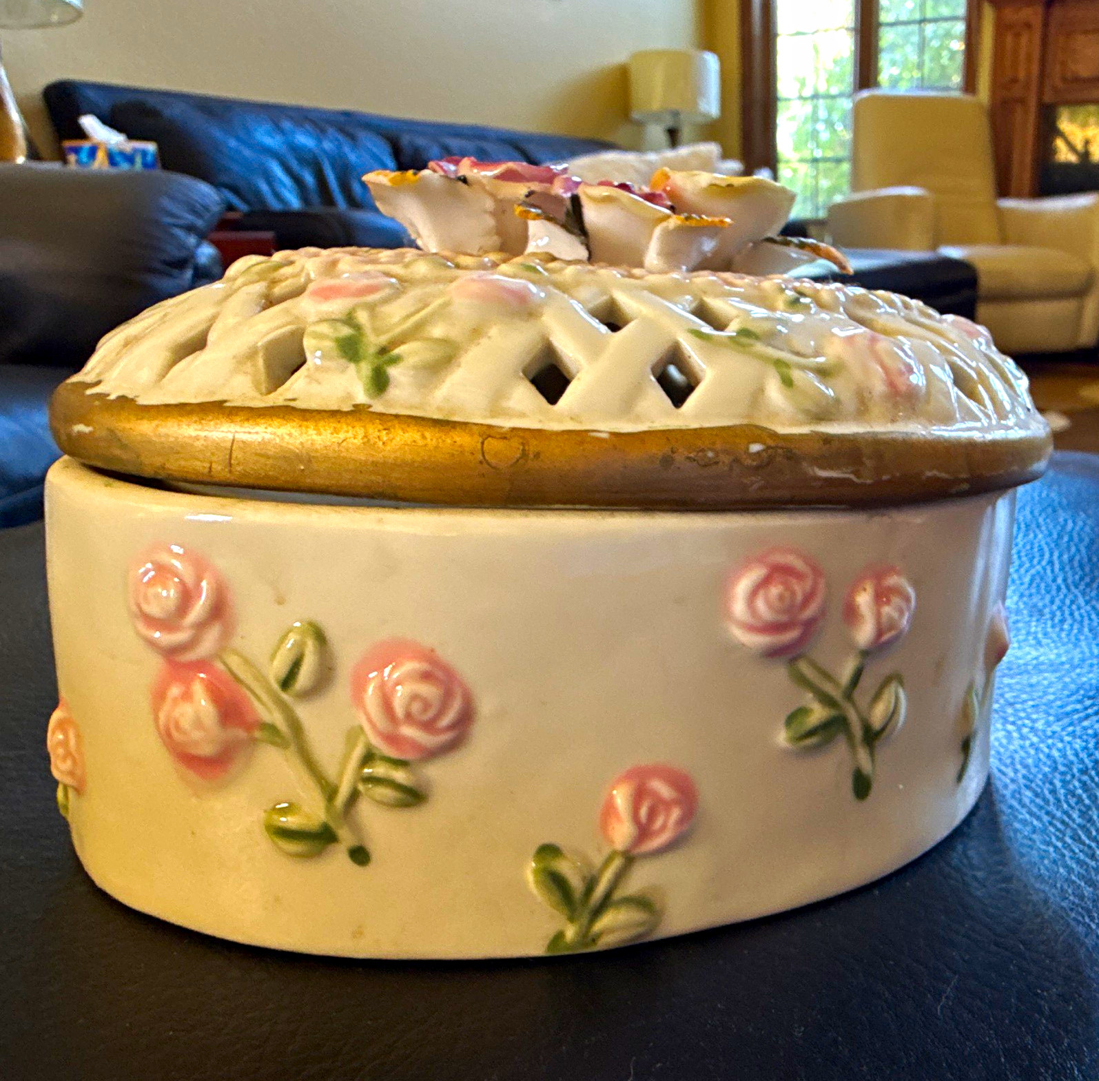 Antique Vintage Handmade Oval Ceramic Trinket Box with Roses Floral Pierced Lid
