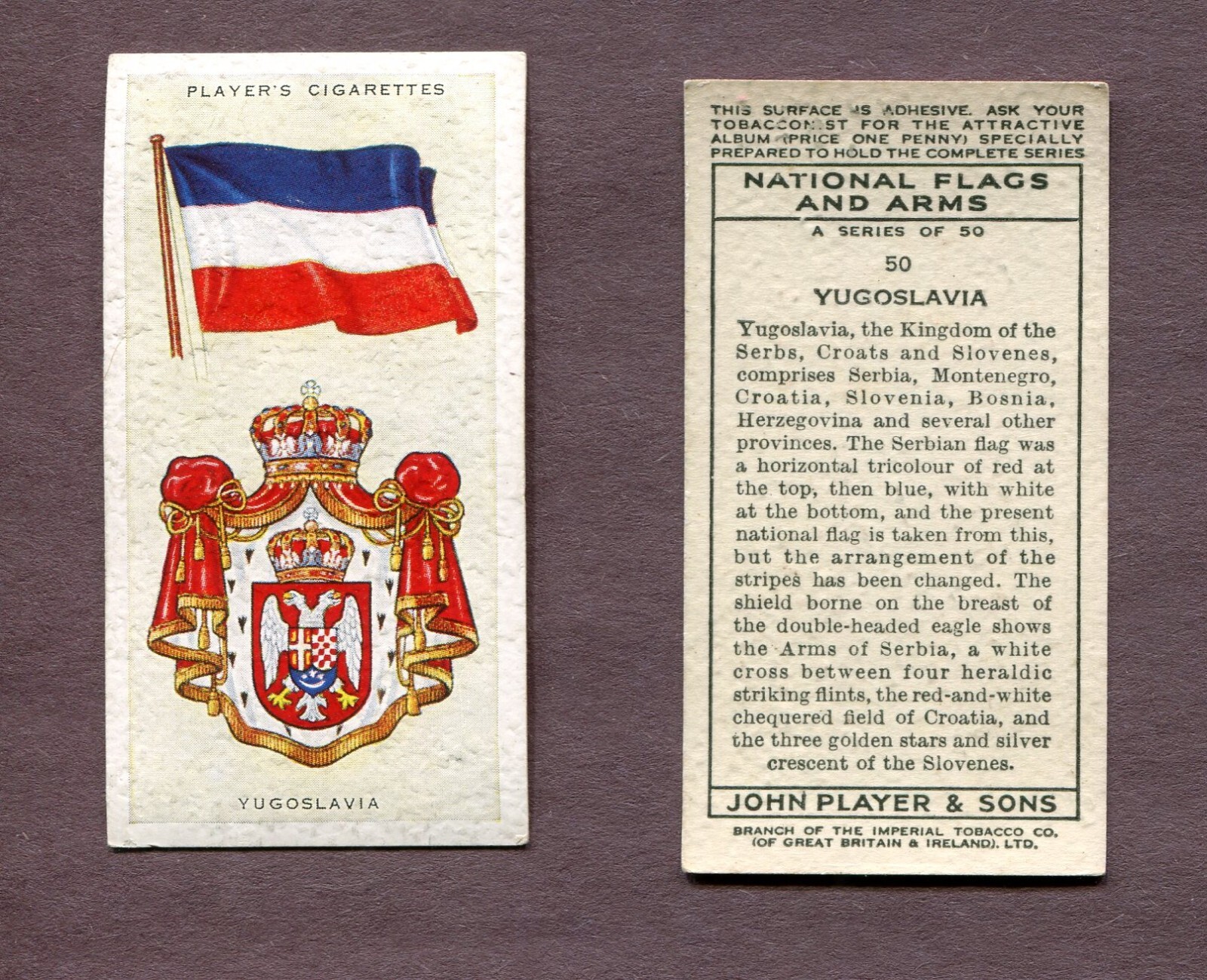 1936 JOHN PLAYER & SONS NATIONAL FLAGS AND ARMS TOBACCO CARD #50 YUGOSLAVIA