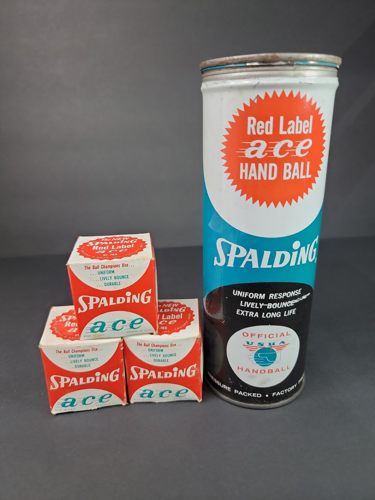 Vintage 1960's Spaulding Red Label ACE Hand Ball Steel Can New (4 Balls)