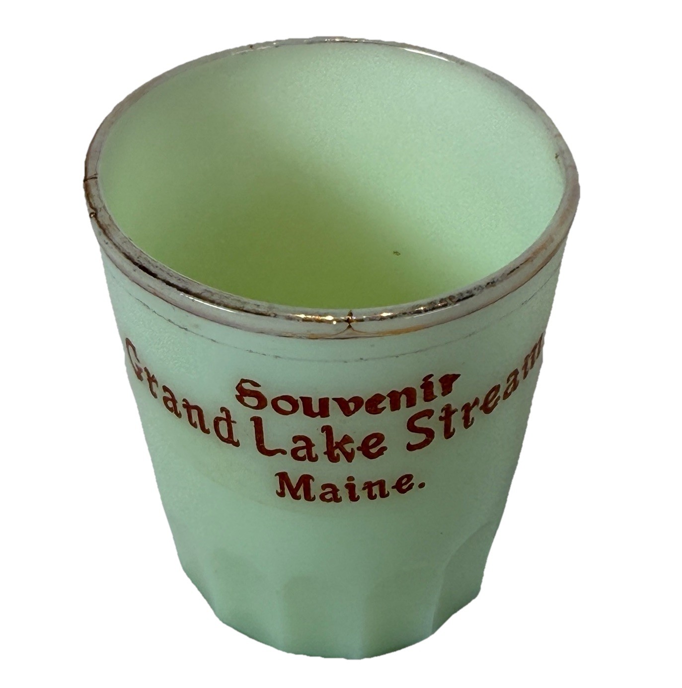 GRAND LAKE , MAINE ME Uranium Antique Green Custard Glass Souvenir Trinket Cup