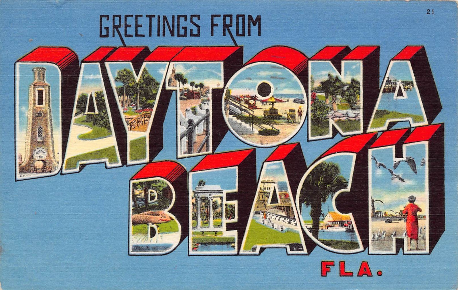 1962 Daytona Beach Florida FL Greetings From Large Letter (63647) Linen Postcard