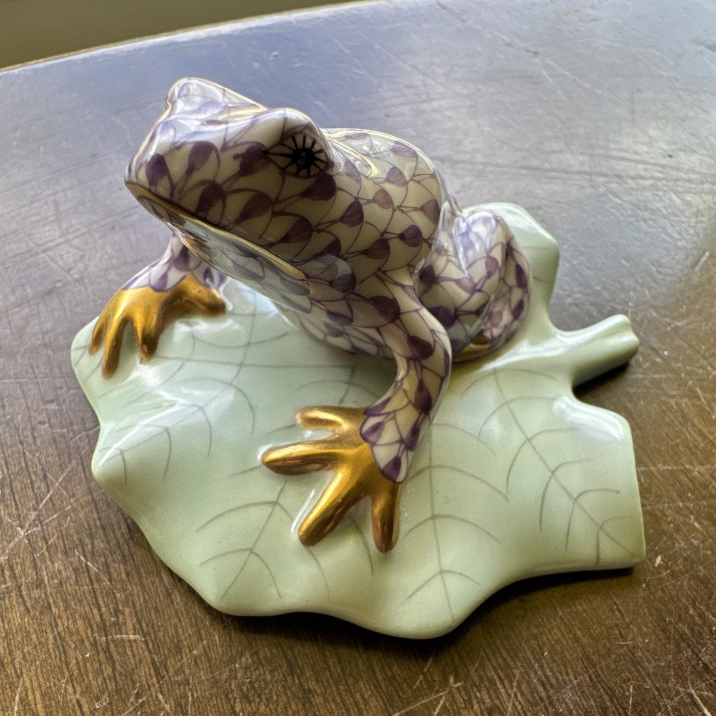 Herend Hungary Handpainted Porcelain Frog Figurine on Leaf Base