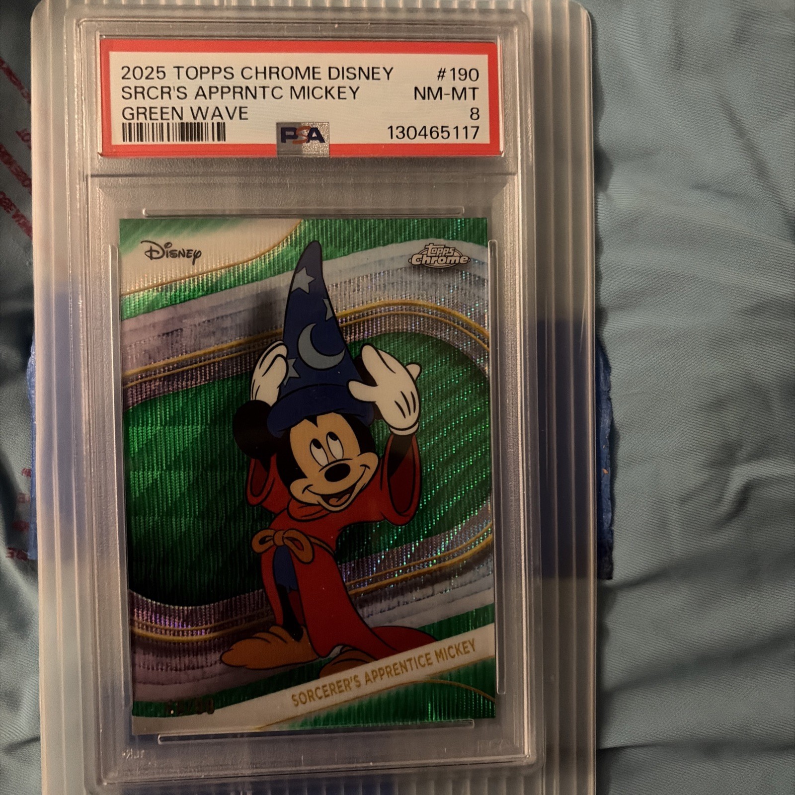 2025 Topps Chrome Disney Sorcerers Apprentice Mickey Green Wave /99 PSA 8