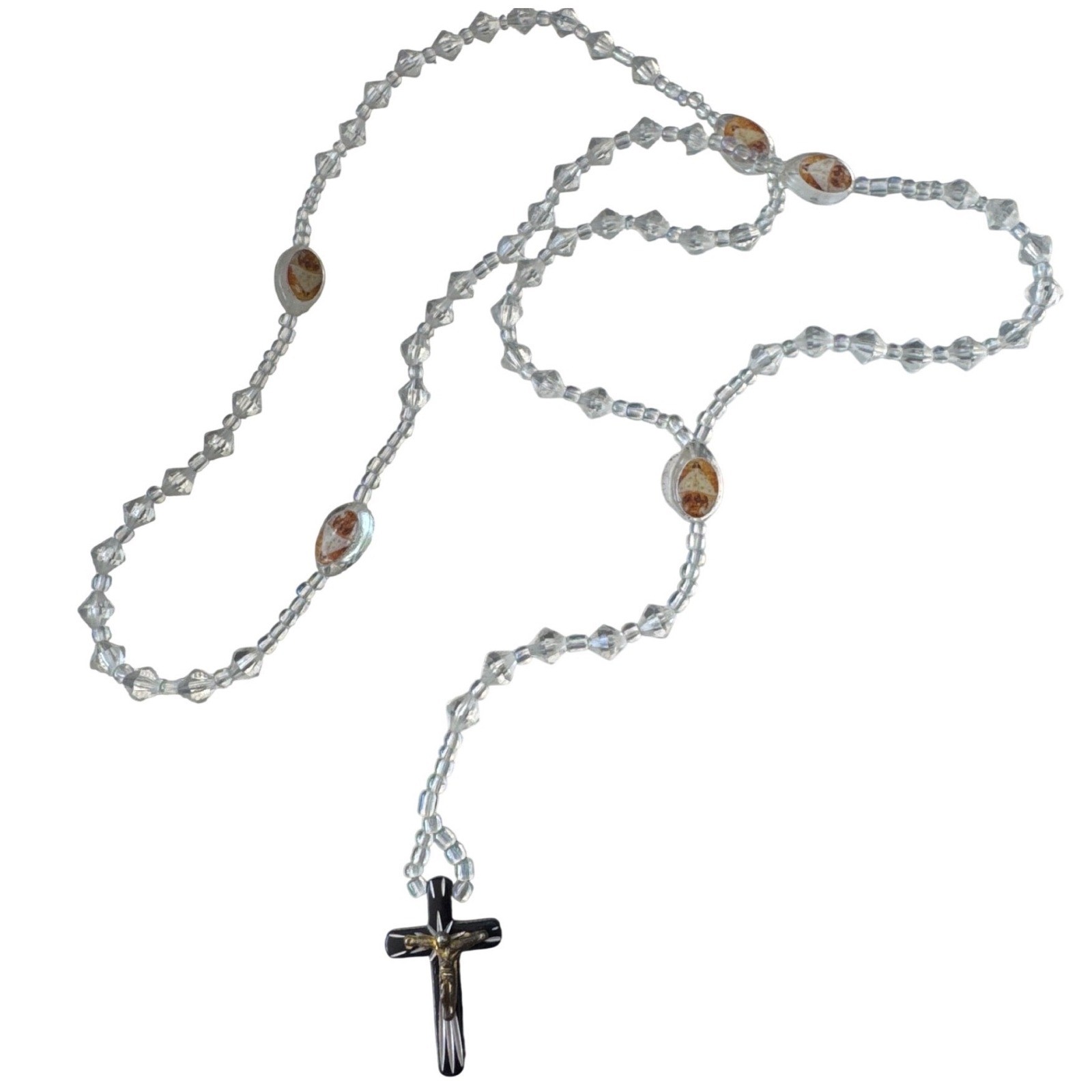 Vintage Catholic Rosary Clear Faceted Glass Beads Black Crucifix Religious