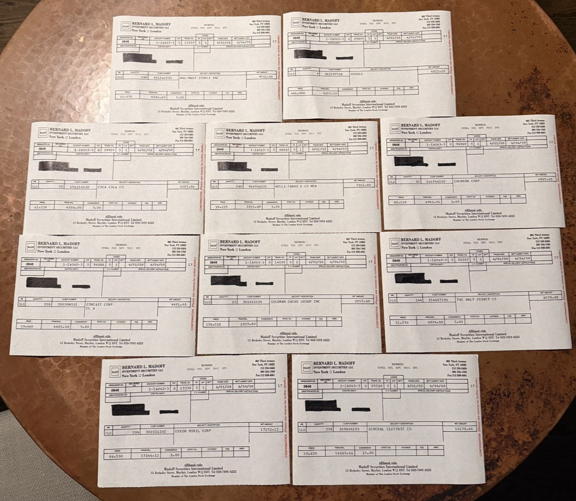 Bernie Madoff Stock Trade Confirmation Slips Lot (10) GOOGLE, GOLDMAN SACHS etc.