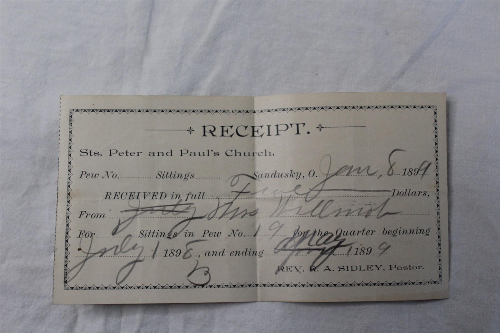 1899 Receipt Sts. Peter and Paul\'s Church Sandusky, OH Antique