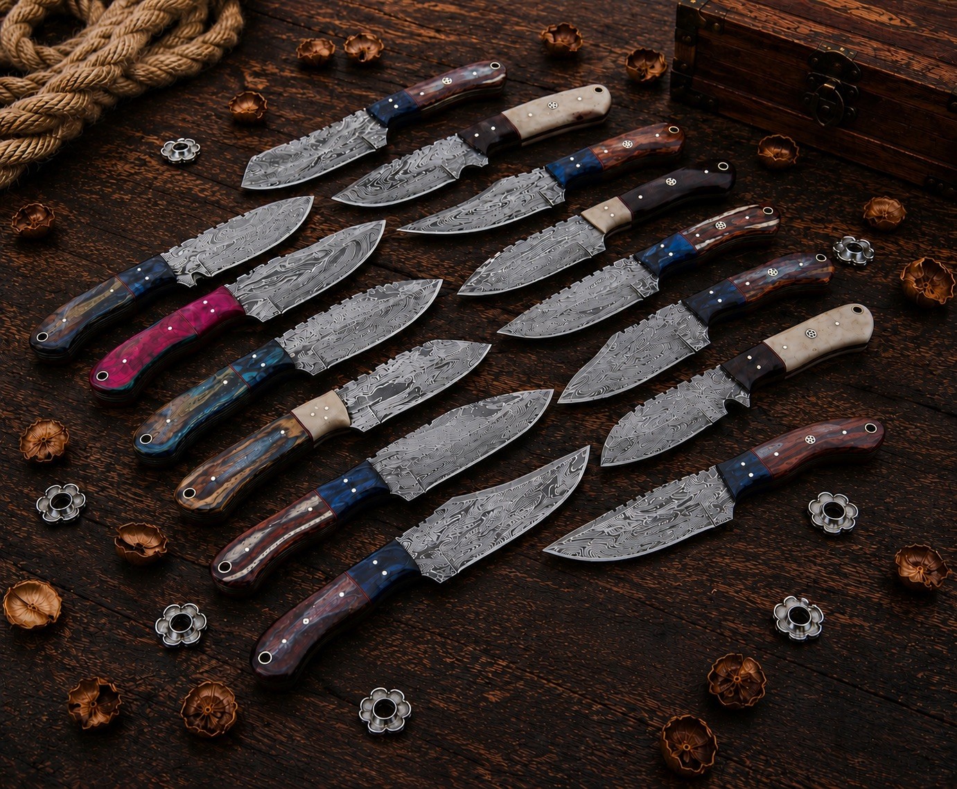 Lot of 200 Pcs 8'' Full Tang Skinners Knives Mix Handle Damascus Steel W/Sheath