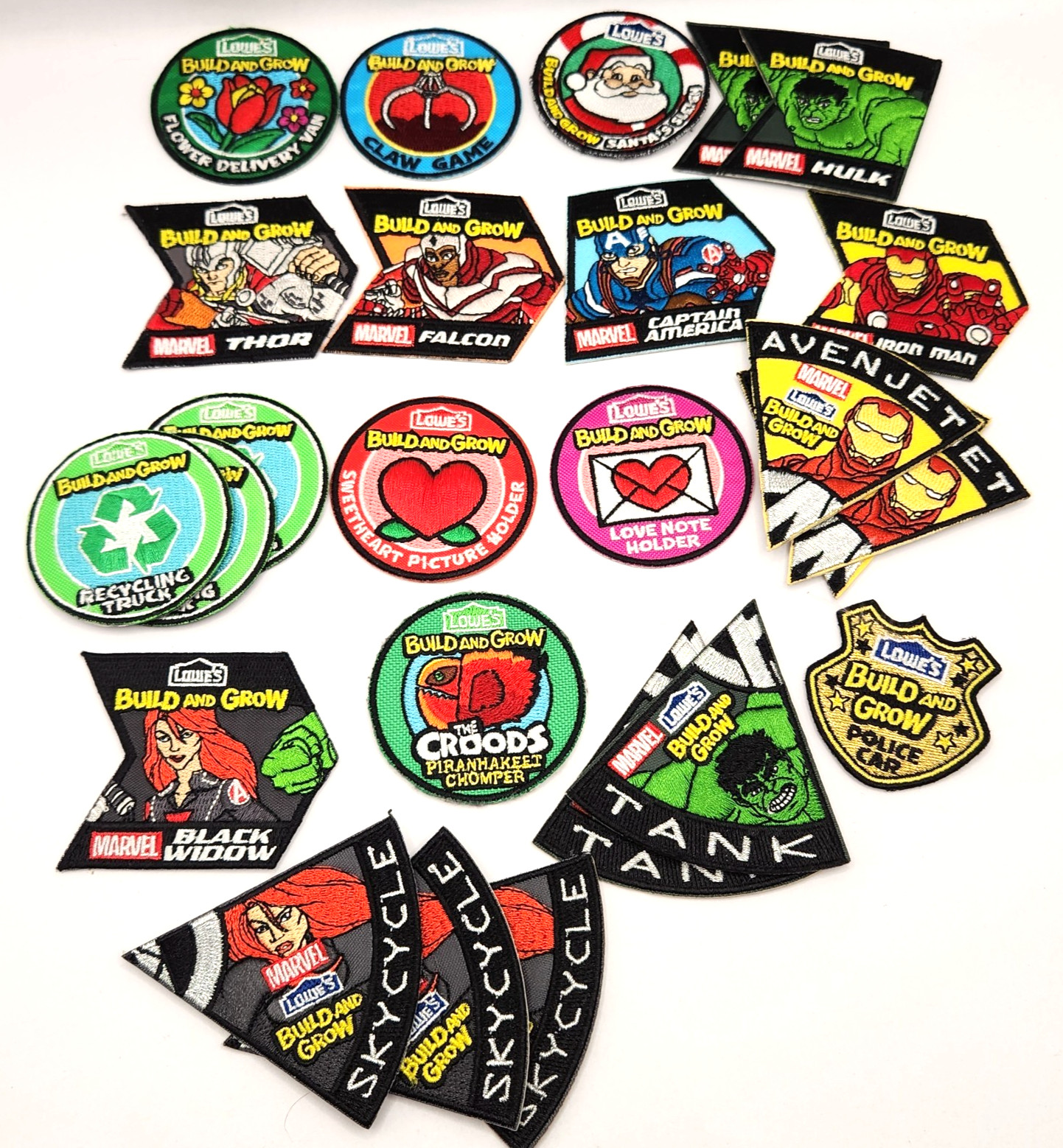 Lowe's Build Grow Patches Lot Of 25 Kids Workshop Iron on MARVEL Hulk Iron Man