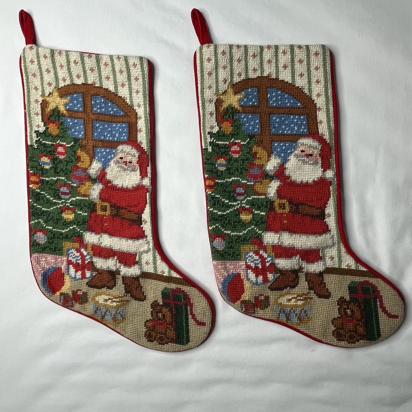 Lot Of 2 Christmas Wool Needlepoint Red Velvet Stockings Santa Tree Present