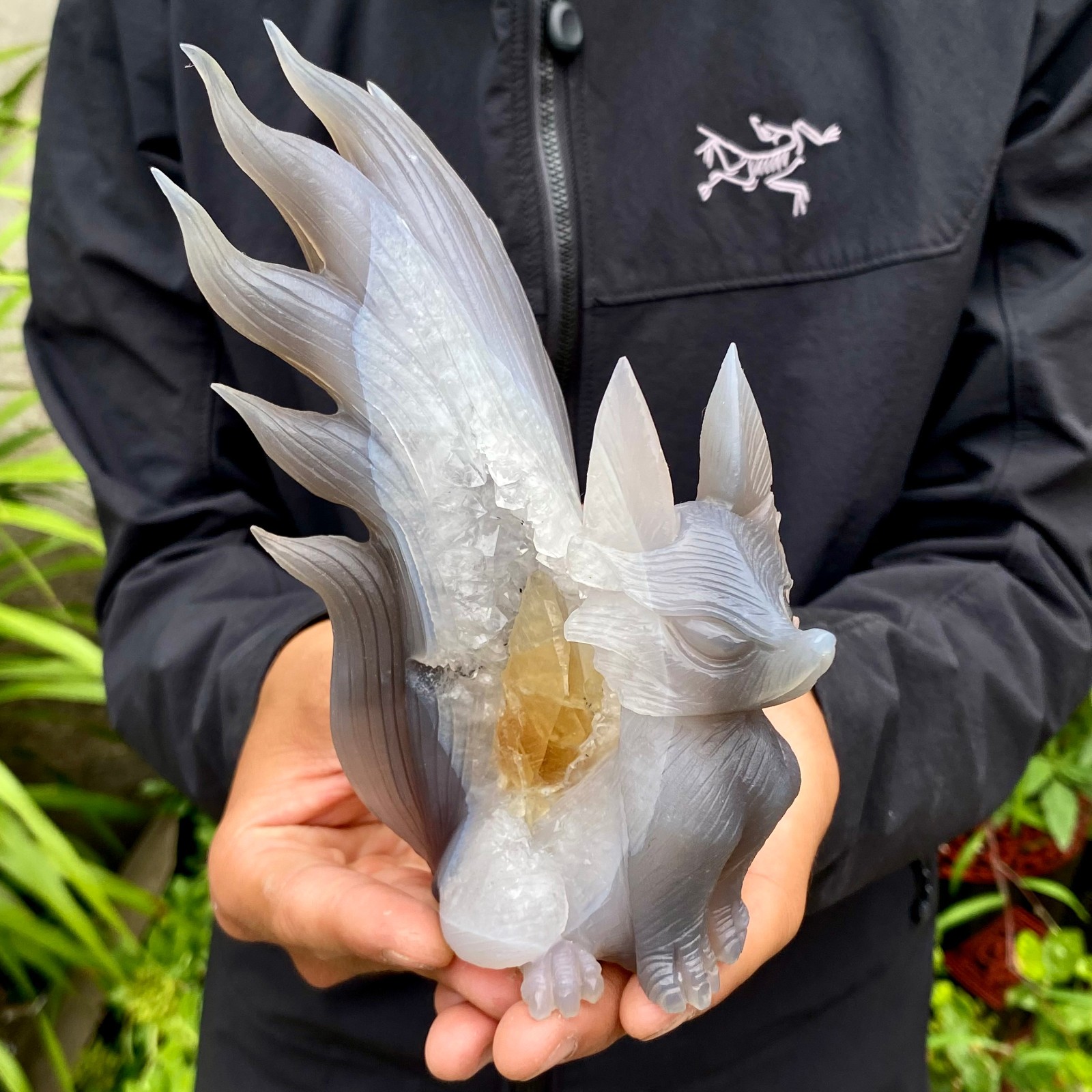 1.66LB Natural Agate Geode Hand Carved Nine-tailed Fox Quartz Crystal Decor