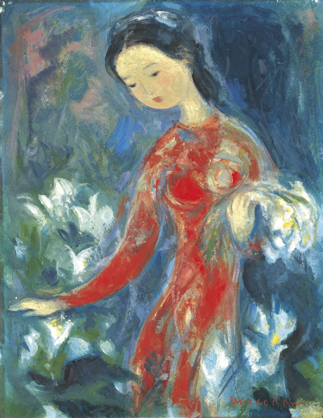 Vu Cao Dam : Girl with Flowers : Archival Quality Art Print 11x17