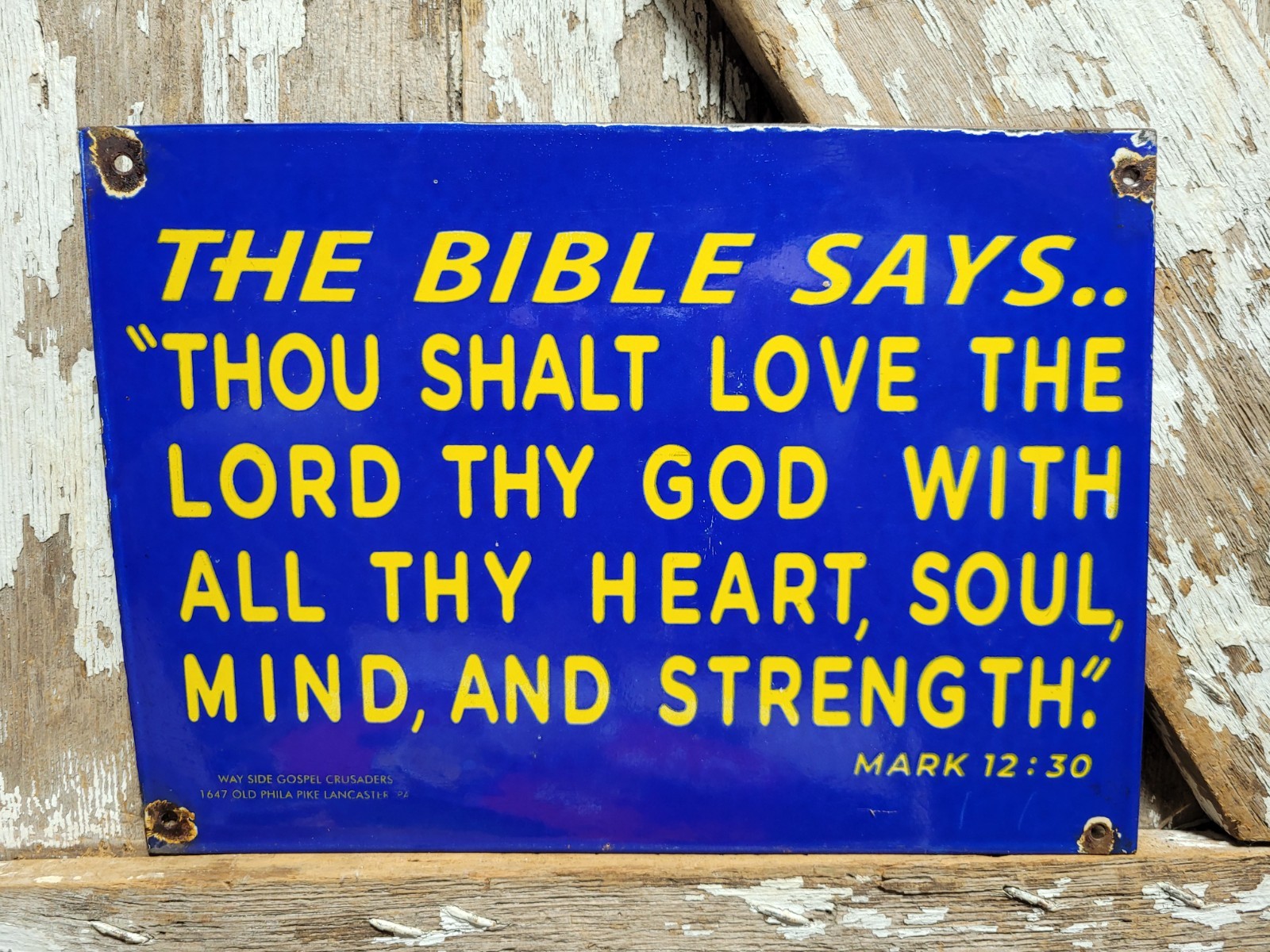 VINTAGE CHURCH PORCELAIN SIGN CHRISTIAN BIBLE VERSE LANCASTER GOSPEL RELIGION