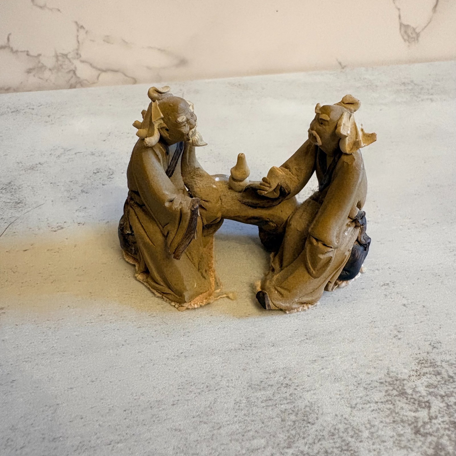 Vintage Chinese Mudman Figurine 3 Elders at Table Clay Pottery 3.5”