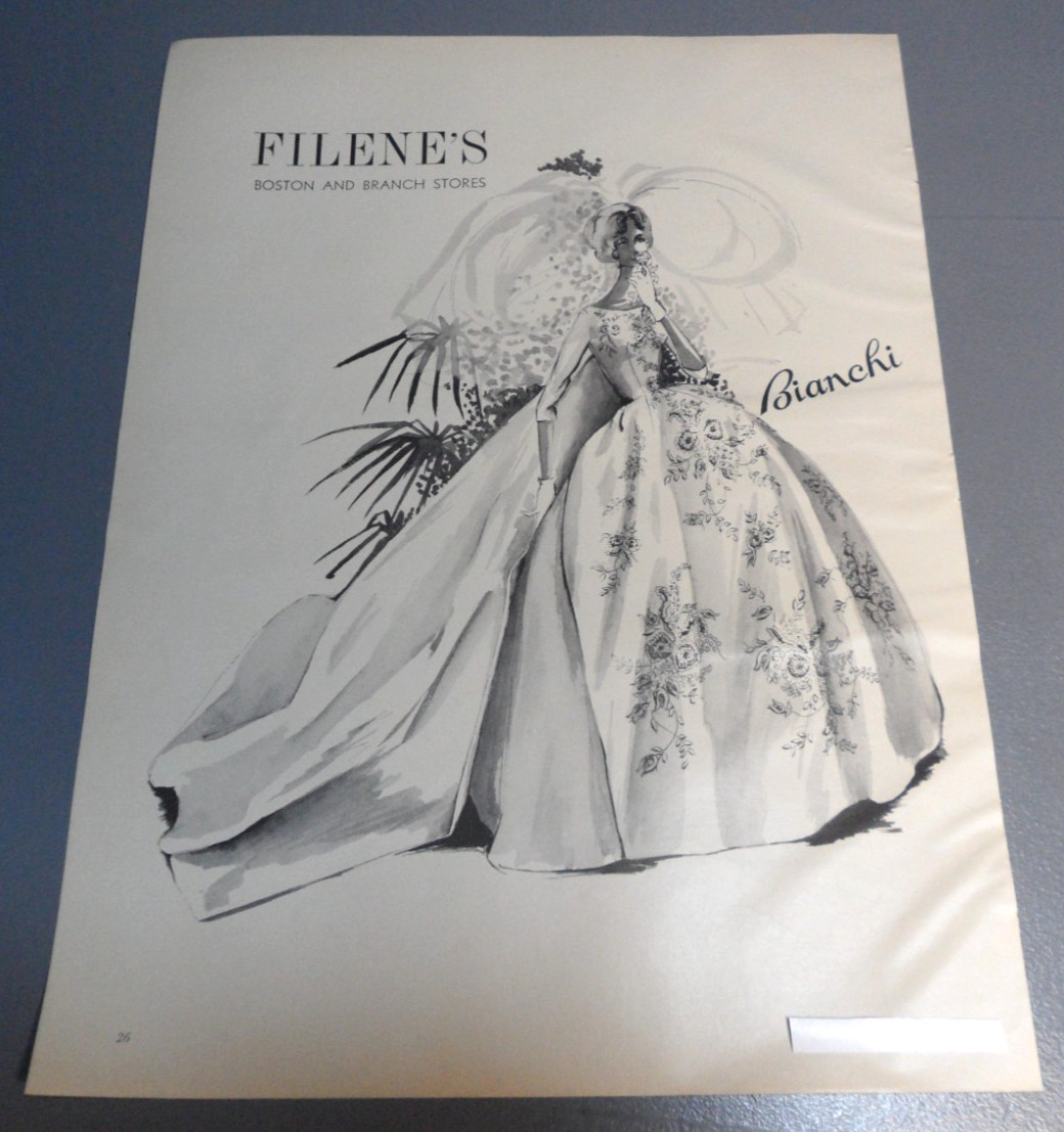 1960s Print Ad Bianchi Wedding Gown Fashion Illustration Filene\'s Boston MA LFD