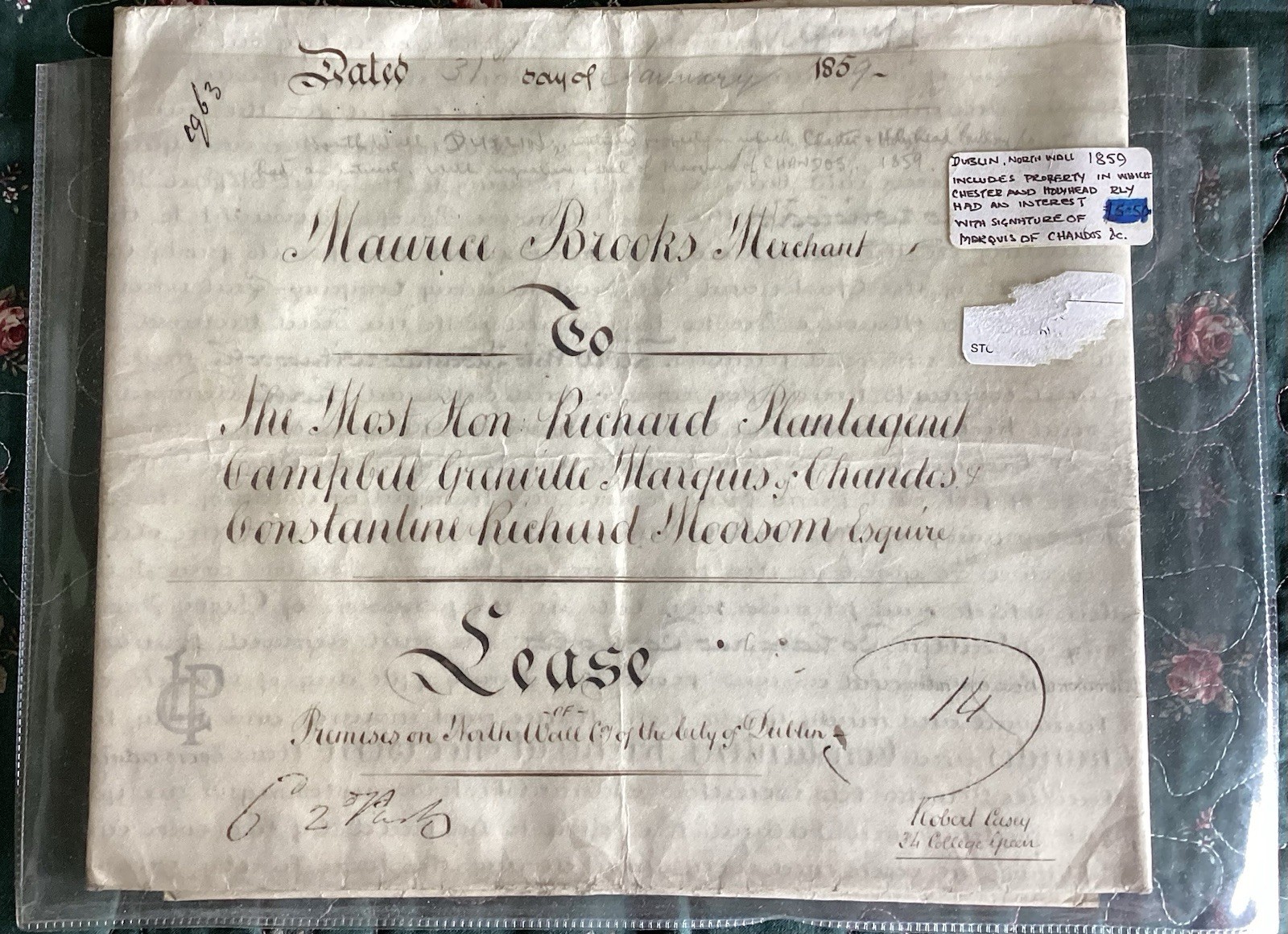 1859 Handwritten Lease Document Property in Whichchester Signed Marquis Chandos
